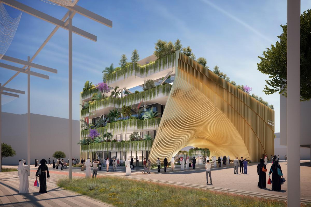 Zelenou archu s vlajkami Belgie pohání na výstavu Expo 2020 udržitelnost a mobilita